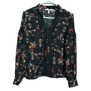 Derek Lam 10 Crosby Black Floral Silk Tie-Neck Long-Sleeve Blouse Size 0